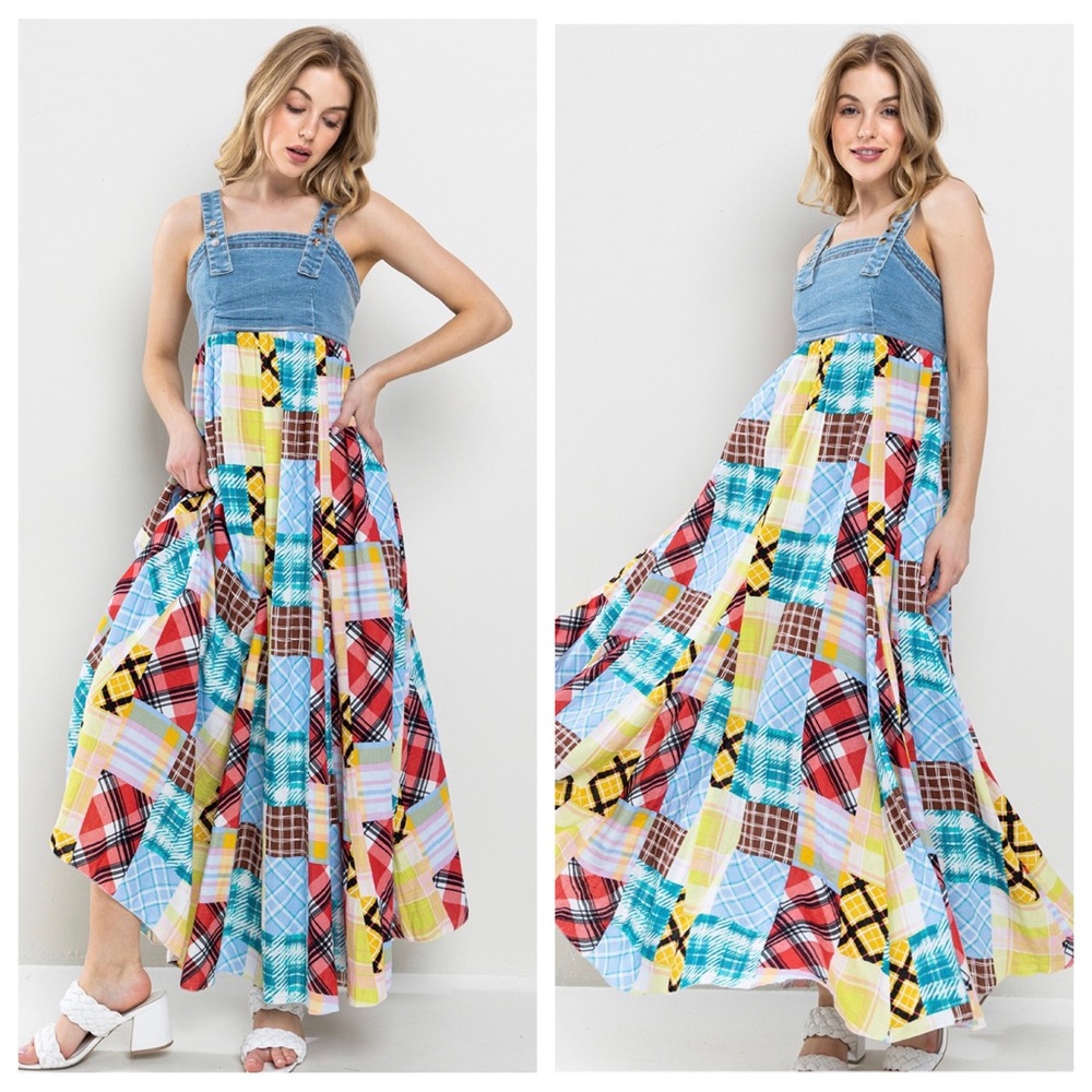 24 Fabulous Denim Multi Fabric Pleated Suspender Maxi Dress - Picture 5 of 5